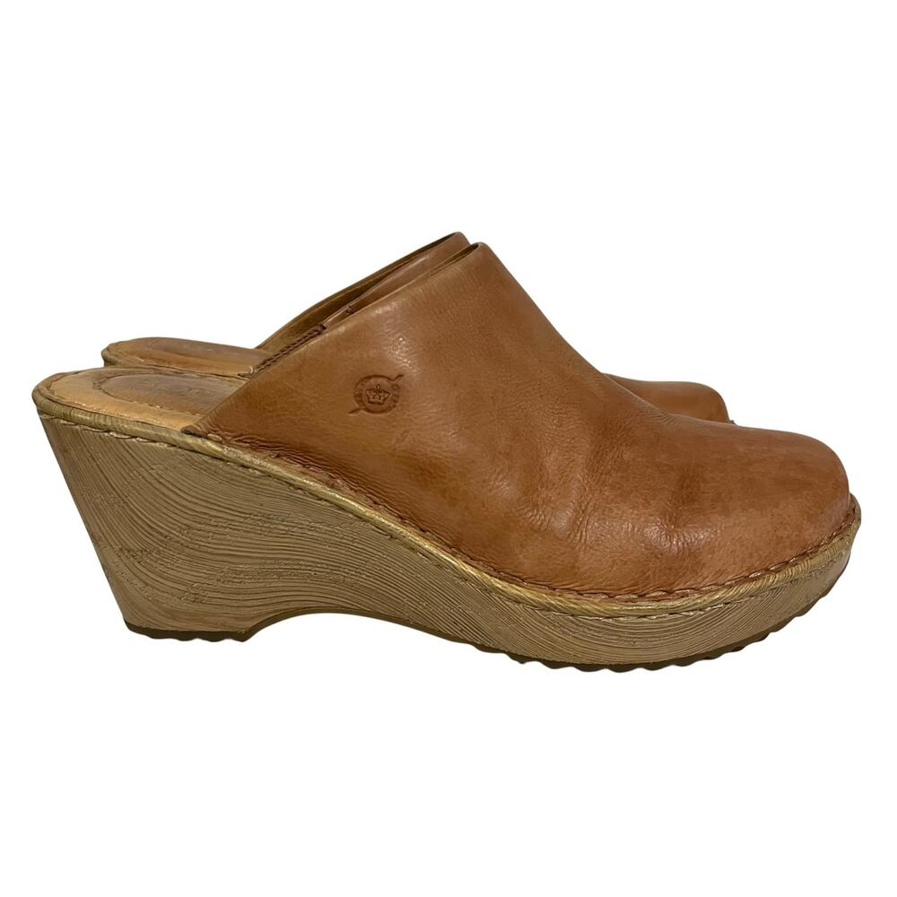 Born Natalie Women's Clogs Wedge Leather Tan Boho Platform Mules Heels Size 10